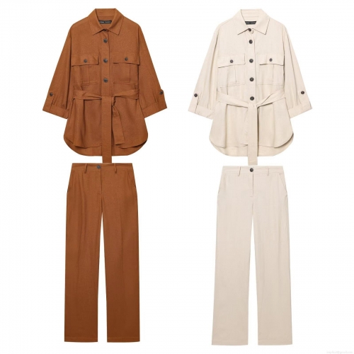 Women's Casual Linen Cotton Shirt and Pants Set Minimalist Solid Color Long Sleeve Button Up Shirt With Belted Wide Leg Straight Trousers For Summer Daily Vacation Office Ladies Co-ord Outfits