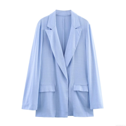Women's Fashion Light Blue Notched Lapel Blazer Jacket And High Waist Elastic Wide Leg Pants Set Summer Casual Office Commuting Linen Texture Two Piece Outfit