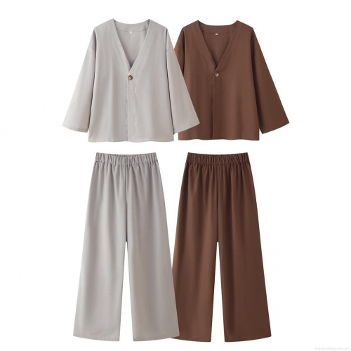 Women's Casual Two Piece Pants Set Cotton Linen Blend Long Sleeve V Neck Single Button Top And Wide Leg Trousers Solid Color Loose Lounge Outfits For Summer Autumn Women