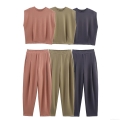 Women's Summer Casual Sleeveless T-Shirt And High Waist Pants Set Minimalist Round Neck Padded Shoulder Top With Matching Trousers Loose Fit Solid Color Lounge Wear