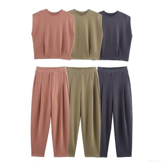 Women's Summer Casual Sleeveless T-Shirt And High Waist Pants Set Minimalist Round Neck Padded Shoulder Top With Matching Trousers Loose Fit Solid Color Lounge Wear