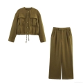 Women's 2-Piece Army Green Outfits Fashion Woven Cargo Jacket With Multi-Pockets And High Waist Wide Leg Pants Casual Summer Streetwear Set