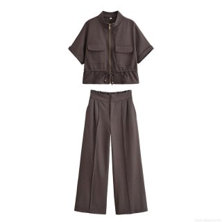 Women's Summer Short Sleeve Casual Pants Set Solid Color Polyester Stand Collar Zipper Shirt And High Waist Wide Leg Trousers Two Piece Outfits For Daily Wear