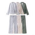 Women's Two-Piece Casual Set Kimono Wrap Tie Top and Wide Leg Pants Elegant Lazy Style Summer Loungewear Outfit Textured Polyester Spandex Fabric