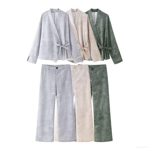 Women's Two-Piece Casual Set Kimono Wrap Tie Top and Wide Leg Pants Elegant Lazy Style Summer Loungewear Outfit Textured Polyester Spandex Fabric