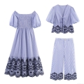 Summer Women Blue White Striped Polyester Spandex Blend Floral Embroidery Set V Neck Tie Front Top Strapless Smocked Midi Dress Wide Leg Pants Holiday Beach Casual Clothing