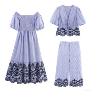 Summer Women Blue White Striped Polyester Spandex Blend Floral Embroidery Set V Neck Tie Front Top Strapless Smocked Midi Dress Wide Leg Pants Holiday Beach Casual Clothing