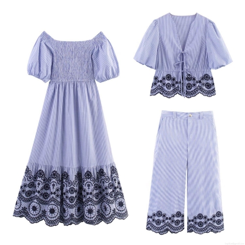 Summer Women Blue White Striped Polyester Spandex Blend Floral Embroidery Set V Neck Tie Front Top Strapless Smocked Midi Dress Wide Leg Pants Holiday Beach Casual Clothing