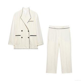 Women's Elegant Contrast Piping Suit Set 100% Polyester Double Breasted Blazer and Straight Leg Pants Two Piece Outfits for Business Office Wedding Daily Fashion