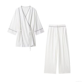 Women's Casual Two-Piece Pants Set Contrast Piping Wrap Jacket And Wide Leg Trousers Polyester Simulated Linen Texture Lounge Suit Fashion White Black Piping Outfit For Women