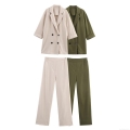 Women's Fashion 2-Piece Linen Texture Suit Set Double Breasted Short Sleeve Blazer and High Waist Wide Leg Pants Office Commuting Elegant Solid Color Outfit