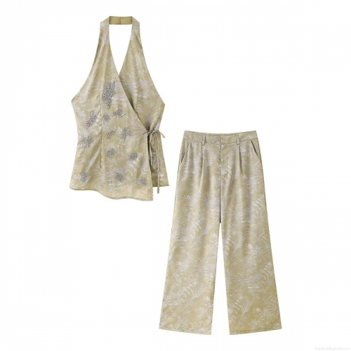 Bohemian Women Printed Halter Top and Wide Leg Pants Set Beaded Floral Embroidery Sleeveless Tie Waist Leaf Print Summer Resort Outfit