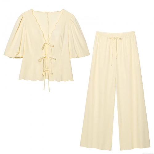 Women's Summer 2-Piece Outfit Set Scalloped V-Neck Tie Front Short Puff Sleeve Blouse Top And High Waist Wide Leg Long Pants Solid Color Sweet Casual Streetwear Suits