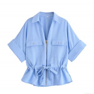Women Summer Casual Linen Blend Shirt and Wide Leg Pants Two Piece Set Light Blue Solid Color Short Sleeve Zipper Top and Elastic Waist Trousers Loose Fashion Outfit
