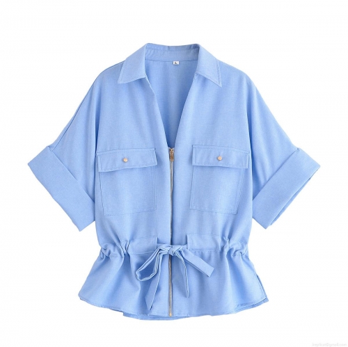 Women Summer Casual Linen Blend Shirt and Wide Leg Pants Two Piece Set Light Blue Solid Color Short Sleeve Zipper Top and Elastic Waist Trousers Loose Fashion Outfit