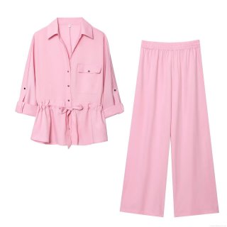Women Casual Lapel Long Sleeve Shirt And High Waist Wide Leg Pants Two-Piece Co-ords Set 100% Polyester Solid Color Relaxed Fit Spring Summer Autumn Outfit For Women