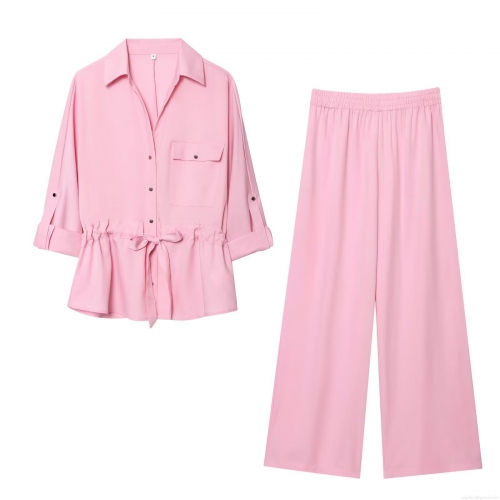 Women Casual Lapel Long Sleeve Shirt And High Waist Wide Leg Pants Two-Piece Co-ords Set 100% Polyester Solid Color Relaxed Fit Spring Summer Autumn Outfit For Women