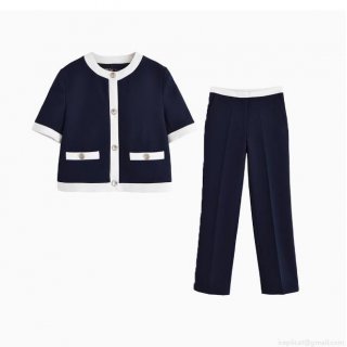 Women Chic Contrast Trim Short Sleeve Round Neck Blazer And Straight Leg Pants Two Piece Set Business Casual Office Suit With Metal Buttons