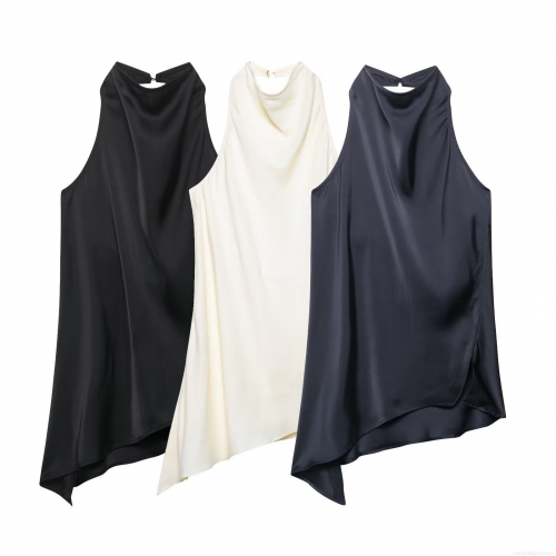 Women's Satin Halter Neck Top and Wide Leg Pants Set 100% Polyester Silk Texture Irregular Hem Sleeveless Top Drawstring Wide Leg Trousers Summer Casual Party Outfit