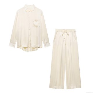 Women's Elegant Satin Shirt And Wide Leg Pants Set Casual Long Sleeve Button Down Blouse High Waist Drawstring Trousers Solid Color Loungewear Suit For Women