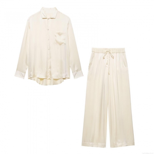 Women's Elegant Satin Shirt And Wide Leg Pants Set Casual Long Sleeve Button Down Blouse High Waist Drawstring Trousers Solid Color Loungewear Suit For Women