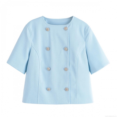 Women's Elegant Tweed 2-Piece Outfit Short Sleeve Double Breasted Top And High Waist Wide Leg Pants Summer Commute Fashion Suits For Ladies