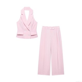 Elegant Pink Two-Piece Set Halter Neck Double Breasted Vest Top And High Waist Wide Leg Pants Polyester Summer Outfits For Women