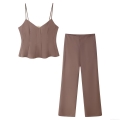 Women's Sexy Fashion V-Neck Camisole Top And High Waist Straight Pants Two Piece Set Polyester Spandex Solid Color Brown Casual Suit For Summer Dating Party