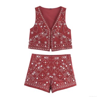 Women's Ethnic Embroidery Two-Piece Set Cotton Blend V-Neck Vest And High Waist Shorts Boho Style Summer Casual Outfit For Vacation