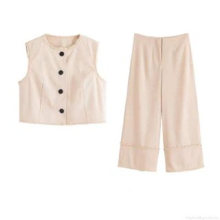 Women's Casual Sleeveless Vest and Wide Leg Pants Set Polyester Spandex Blend Fringed Raw Edge Waistcoat Loose Trousers Summer Co-ords For Women