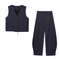 Women's Navy Blue Striped Vest and Wide Leg Pants Two Piece Set Elegant Sleeveless Top and High Waist Trousers Commuter Outfits