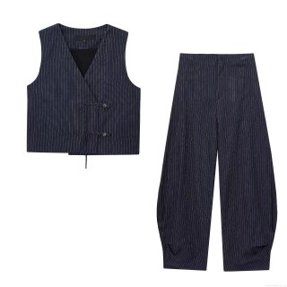 Women's Navy Blue Striped Vest and Wide Leg Pants Two Piece Set Elegant Sleeveless Top and High Waist Trousers Commuter Outfits