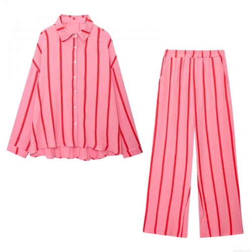 Women Casual Stripe Two Piece Set Lapel Long Sleeve Shirt And Wide Leg Pants Set Loose Crinkle Seersucker Fabric Loungewear Outfit For Women