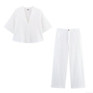 Women's Two Piece Set Elegant Cotton Blend Eyelet Embroidery V Neck Short Sleeve Button Down Shirt And High Waist Wide Leg Pants Summer Casual Sweet Outfits For Women