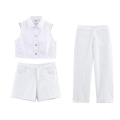 Women White Denim Three-Piece Set Eyelet Embroidery Sleeveless Vest Top High Waisted Shorts And Straight Leg Pants Casual Summer Vacation Outfit For Women