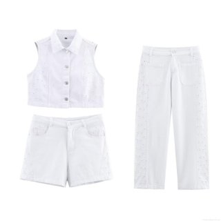 Women White Denim Three-Piece Set Eyelet Embroidery Sleeveless Vest Top High Waisted Shorts And Straight Leg Pants Casual Summer Vacation Outfit For Women