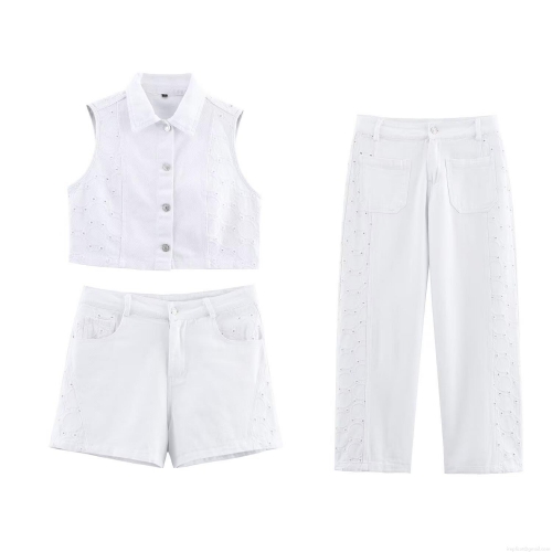Women White Denim Three-Piece Set Eyelet Embroidery Sleeveless Vest Top High Waisted Shorts And Straight Leg Pants Casual Summer Vacation Outfit For Women