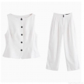 Women Summer White Two Piece Suit Set Sleeveless Vest Peplum Top With Contrast Buttons And High Waisted Wide Leg Pleated Pants Office Lady Elegant Outfit
