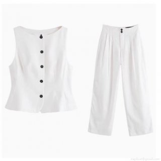 Women Summer White Two Piece Suit Set Sleeveless Vest Peplum Top With Contrast Buttons And High Waisted Wide Leg Pleated Pants Office Lady Elegant Outfit