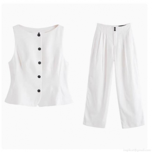 Women Summer White Two Piece Suit Set Sleeveless Vest Peplum Top With Contrast Buttons And High Waisted Wide Leg Pleated Pants Office Lady Elegant Outfit