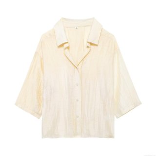 Women's Casual Two Piece Set 100% Polyester Textured Short Sleeve V-Neck Shirt And Drawstring Wide Leg Trousers Summer Loungewear Outfit Cream Yellow Solid Color Coordinates For Women