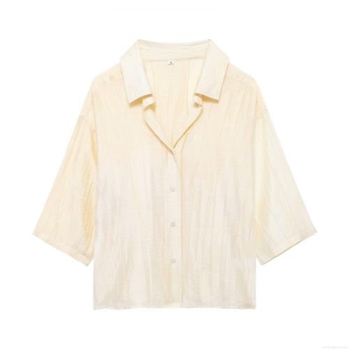 Women's Casual Two Piece Set 100% Polyester Textured Short Sleeve V-Neck Shirt And Drawstring Wide Leg Trousers Summer Loungewear Outfit Cream Yellow Solid Color Coordinates For Women