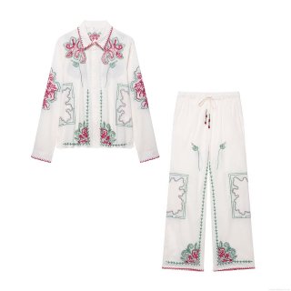 Women's 2-Piece Outfit Set Heavy Floral Embroidery Long Sleeve Button Down Shirt And Wide Leg Drawstring Pants Casual Bohemian Vacation Style Polyester Clothing Set For Women