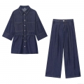 Women's Denim Set Fashion Simple Cotton Blend Polyester Spandex Short Sleeve Shirt Drawstring Waist High Waist Wide Leg Pants Casual 2 Piece Outfits