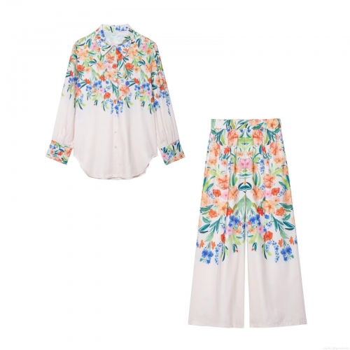 Women's Floral Print Cotton Linen Long Sleeve Button Up Shirt And Elastic Waist Wide Leg Pants Two Piece Casual Vacation Suit For Summer Fashion