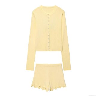Women's Casual Ribbed Knit Two Piece Set Single Breasted Long Sleeve Cardigan Top And Scalloped Edge Shorts 100% Polyester Loungewear Set For Summer Daily Wear
