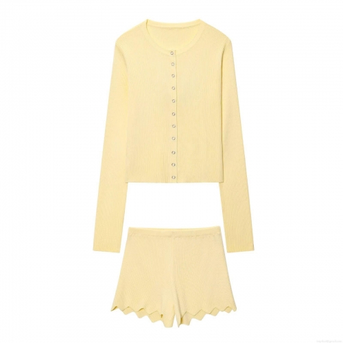 Women's Casual Ribbed Knit Two Piece Set Single Breasted Long Sleeve Cardigan Top And Scalloped Edge Shorts 100% Polyester Loungewear Set For Summer Daily Wear