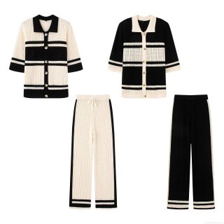 Women's Summer Knitted Two Piece Outfits Casual Stripe Hollow Short Sleeve Polo Shirt And Wide Leg Long Pants Set Loose Soft Loungewear Sets