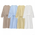Women Summer Casual Bathrobe Style Lounge Set Loose Long Sleeve Belted Top And Drawstring Shorts 2-Piece Set Polyester Spandex Solid Color Home Wear