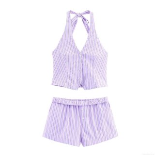 Summer Women Purple White Vertical Striped Halter Neck Sleeveless Top Or Elastic Waist Shorts Polyester Spandex Two Piece Outfit For Vacation Beach Sweet Casual Set